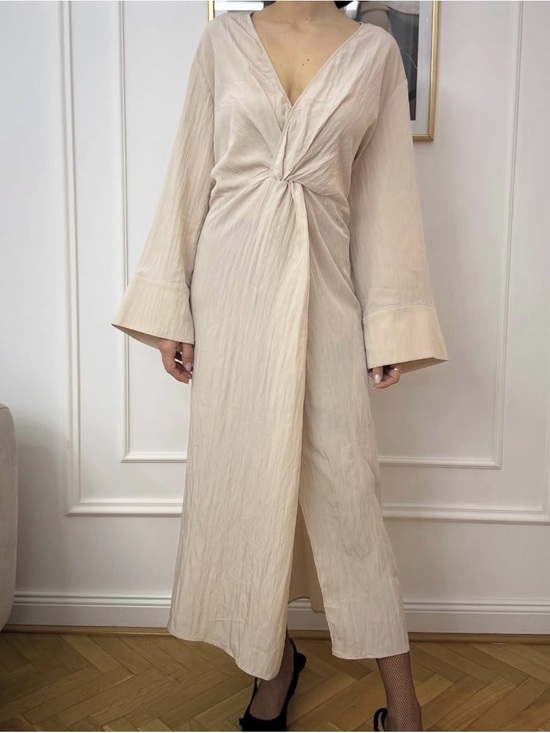 H&M Dresses & Skirts - H&M Beige Twist Front Midi Dress V-Neck Bell Long Sleeve A-Line XS